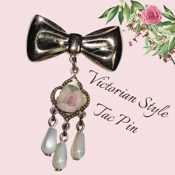 Gold Bow w/ Dangling Porcelain Flower Pin - Picture 4 of 8